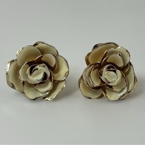 Vintage Coro 1960s Enamel Cream & Gold-Tone Screwback Rose Earrings